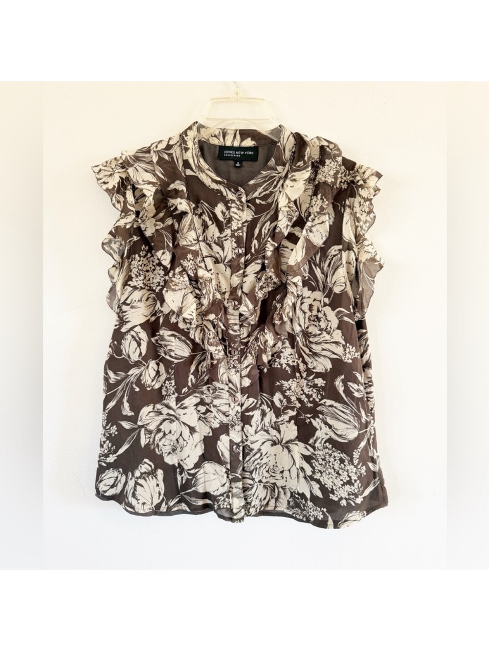 Jones NY Women Silk Floral Ruffle Sleeveless Button Down Top‎ Sz 16 Quiet Luxury